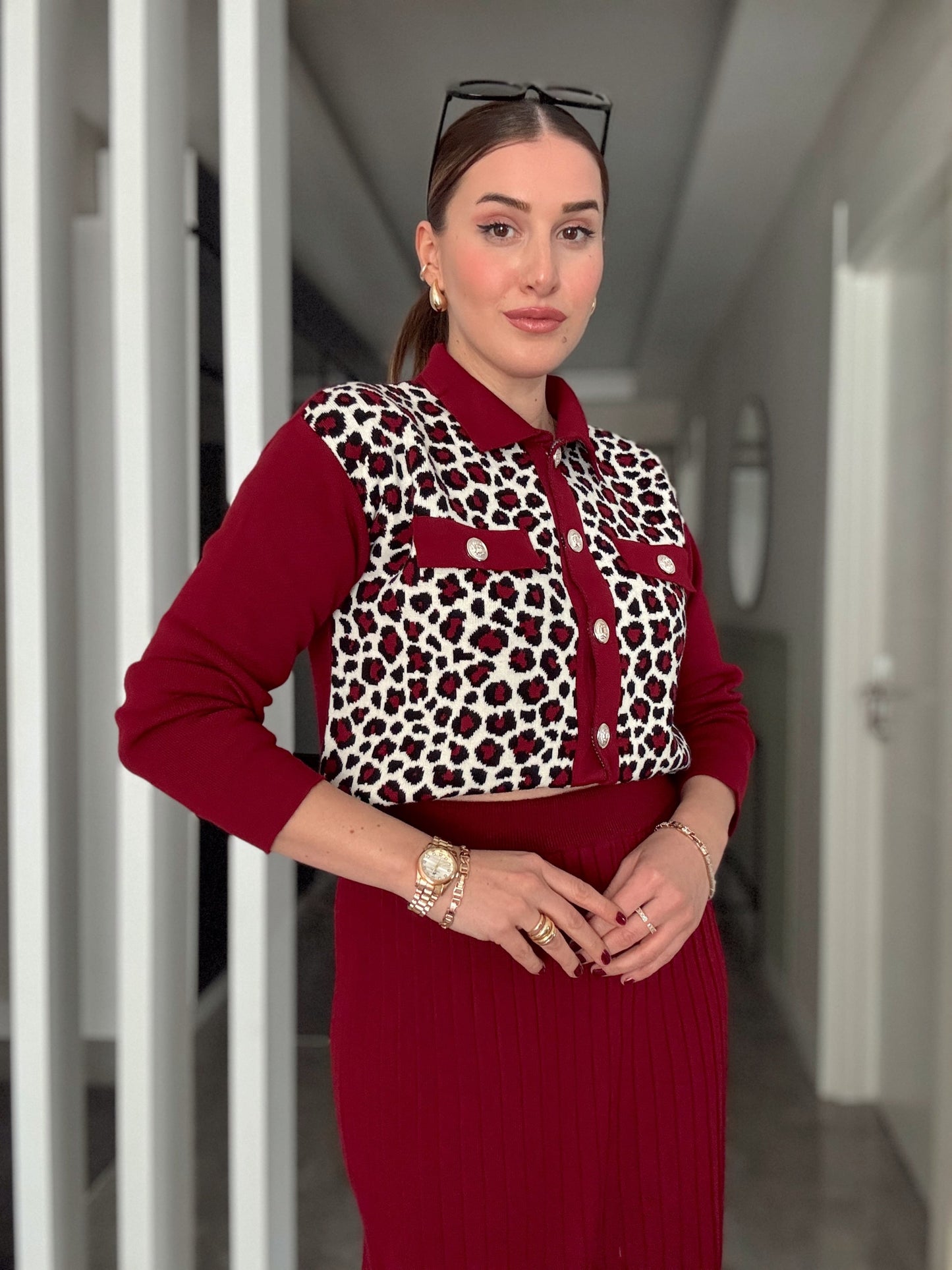 Leopar Desen Etekli Takım - BORDO