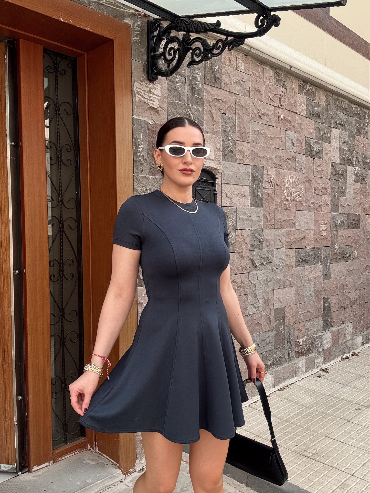 Biyeli volanlı basic elbise GRİ