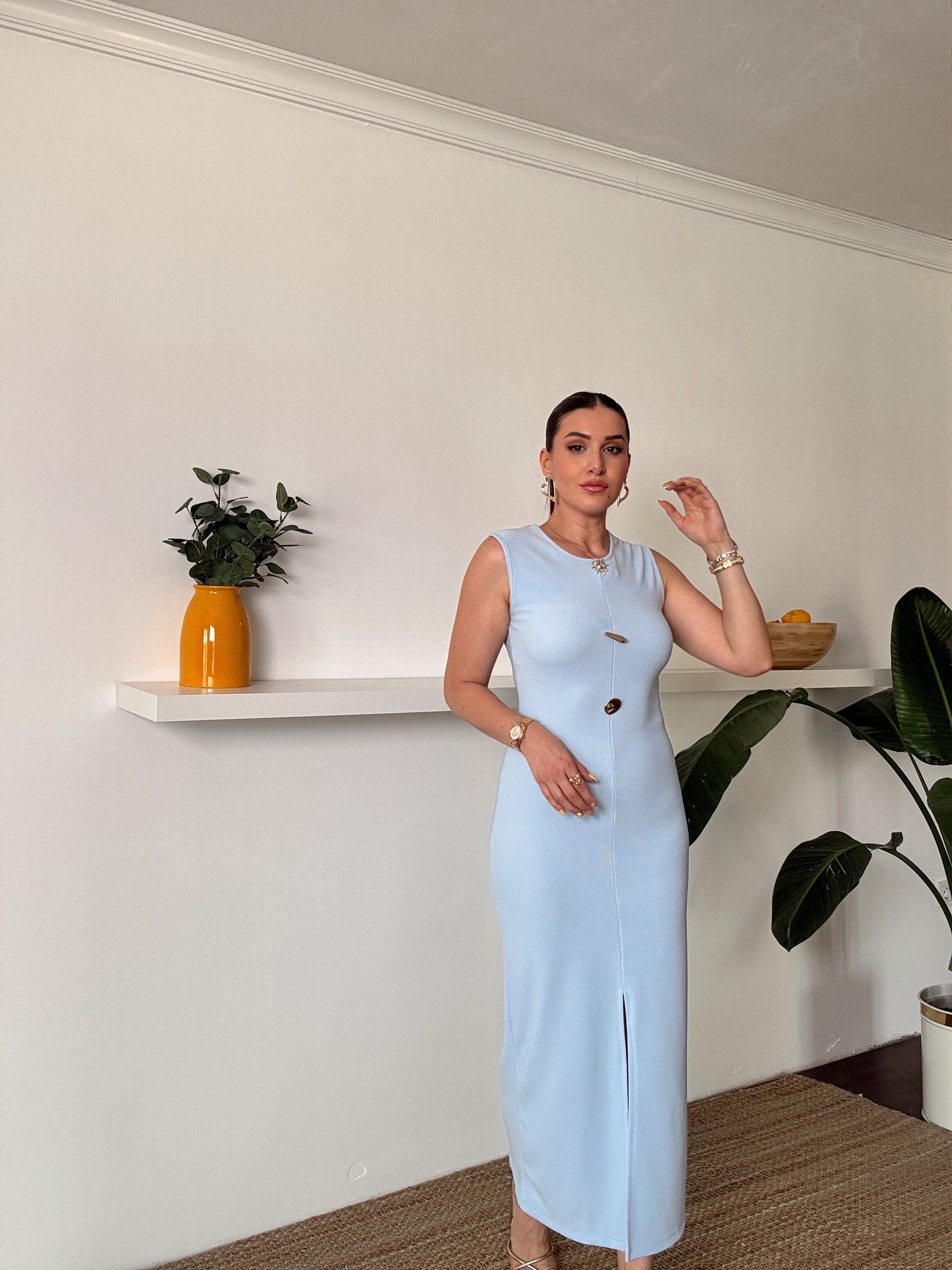 Ottoman sıfır kol düğmeli elbise Mavi