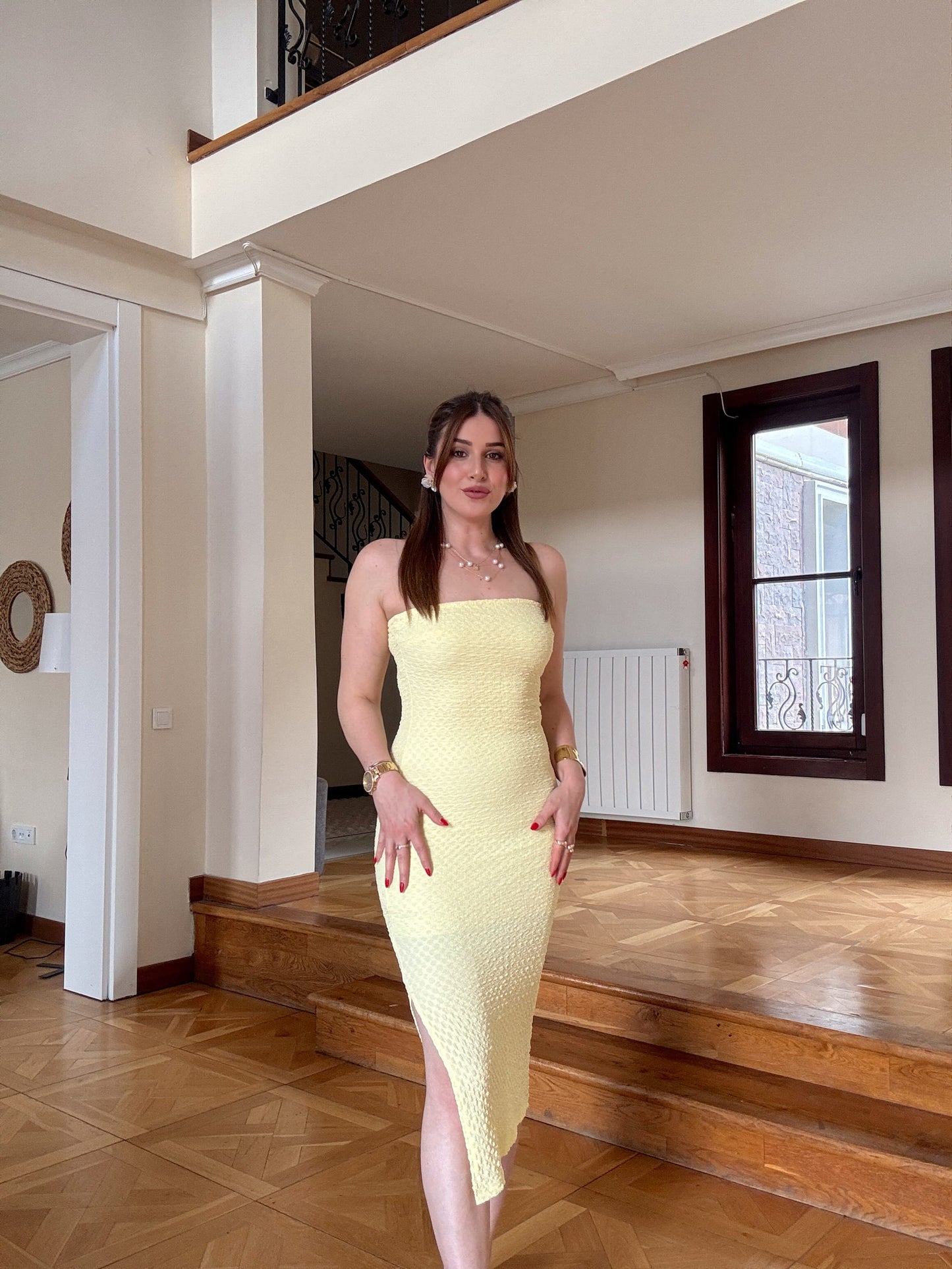 Straplez likralı astarlı elbise SARI