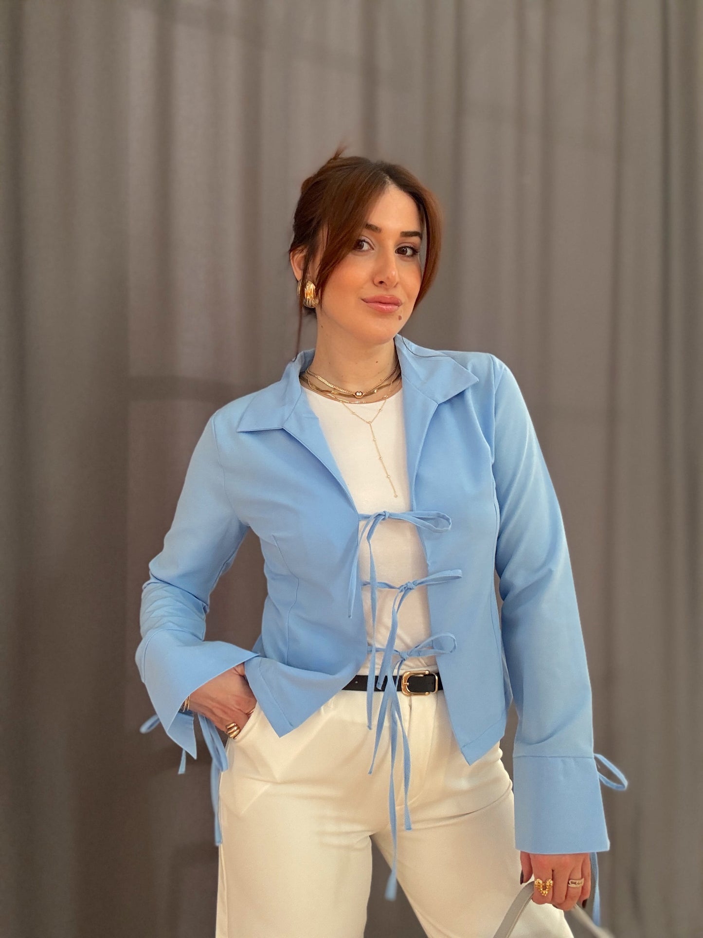 Bağlama Detaylı Bluz-MAVİ