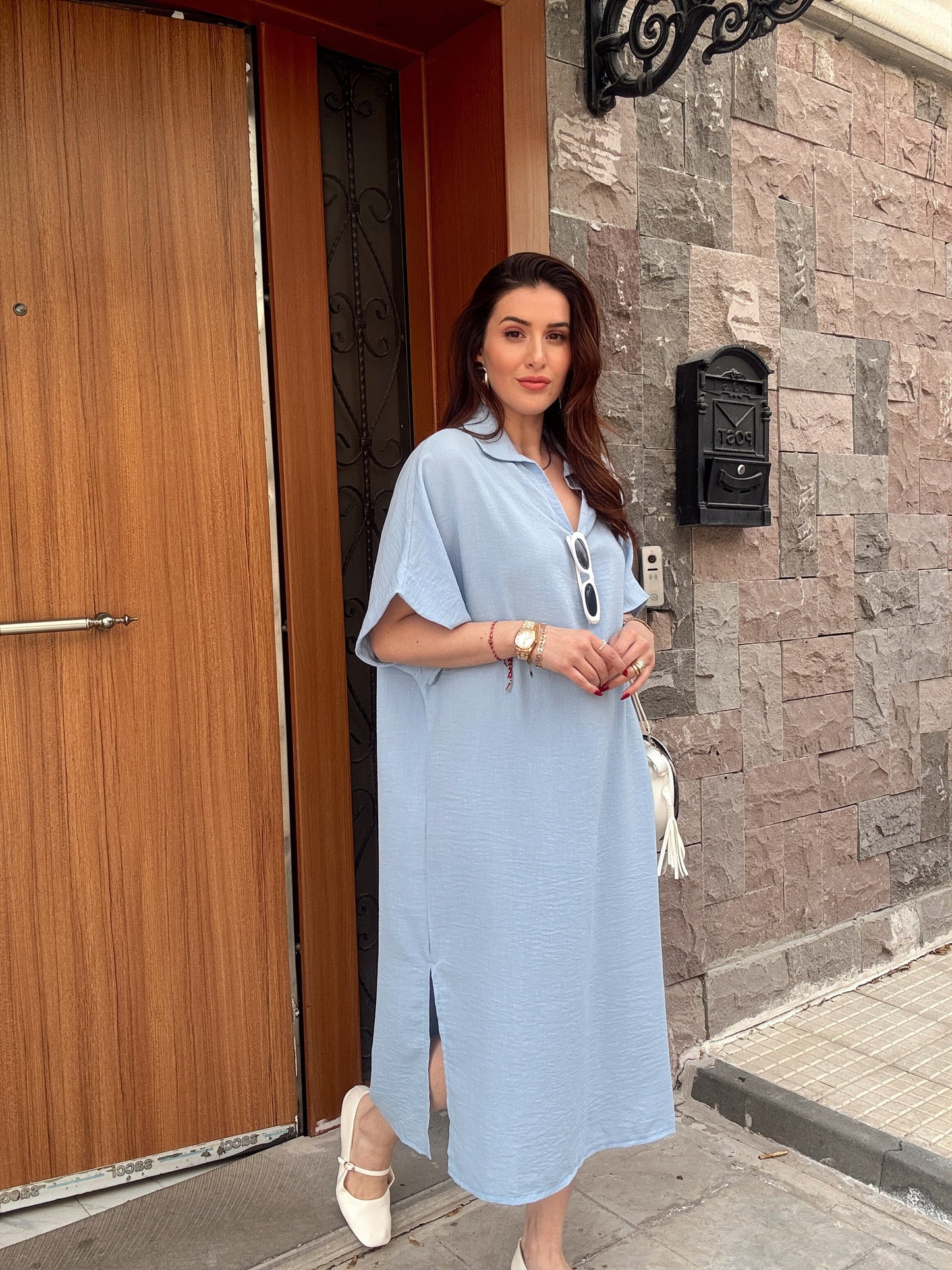 Yırtmaçlı Polo Yaka Elbise - BEBE MAVİ