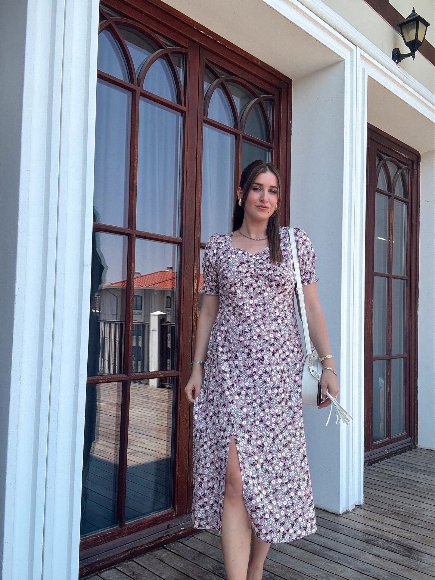 Papatya desen kalp yaka elbise LİLA