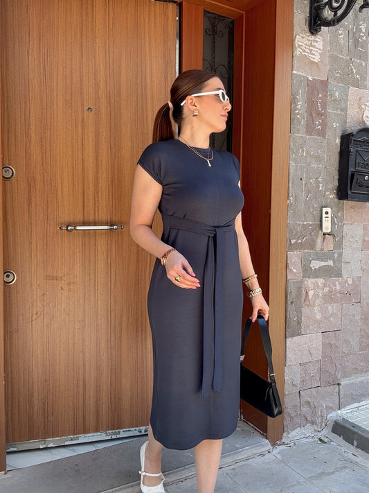 Belden Kemerli Yarım Kol Modal Elbise Füme