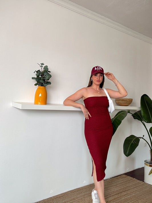 BEYDA straplez yırtmaçlı astarlı elbise BORDO