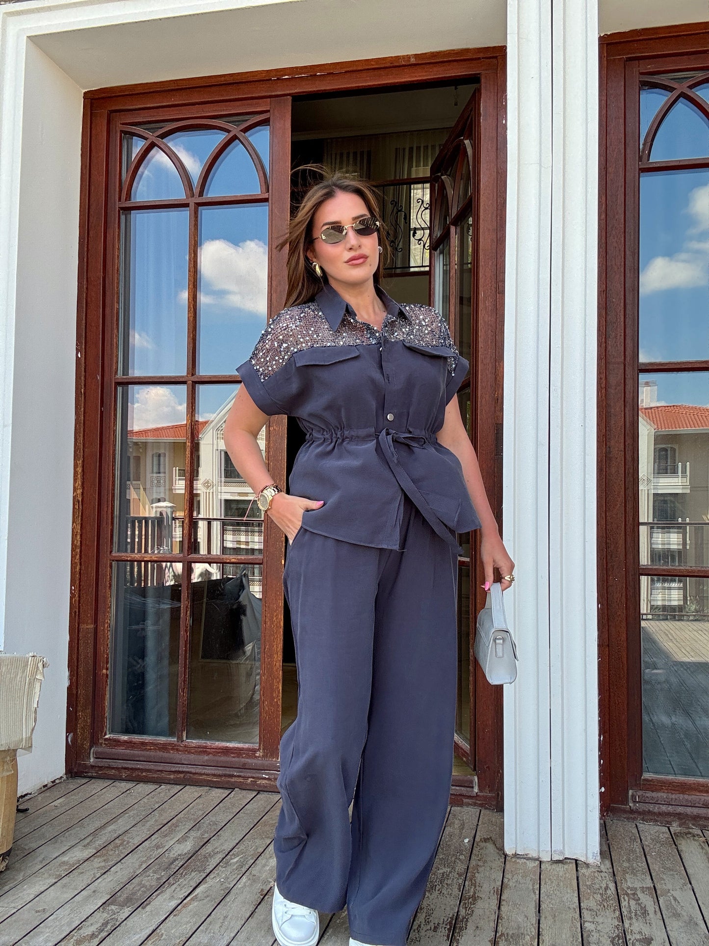 Tensel pul detaylı takım Lacivert
