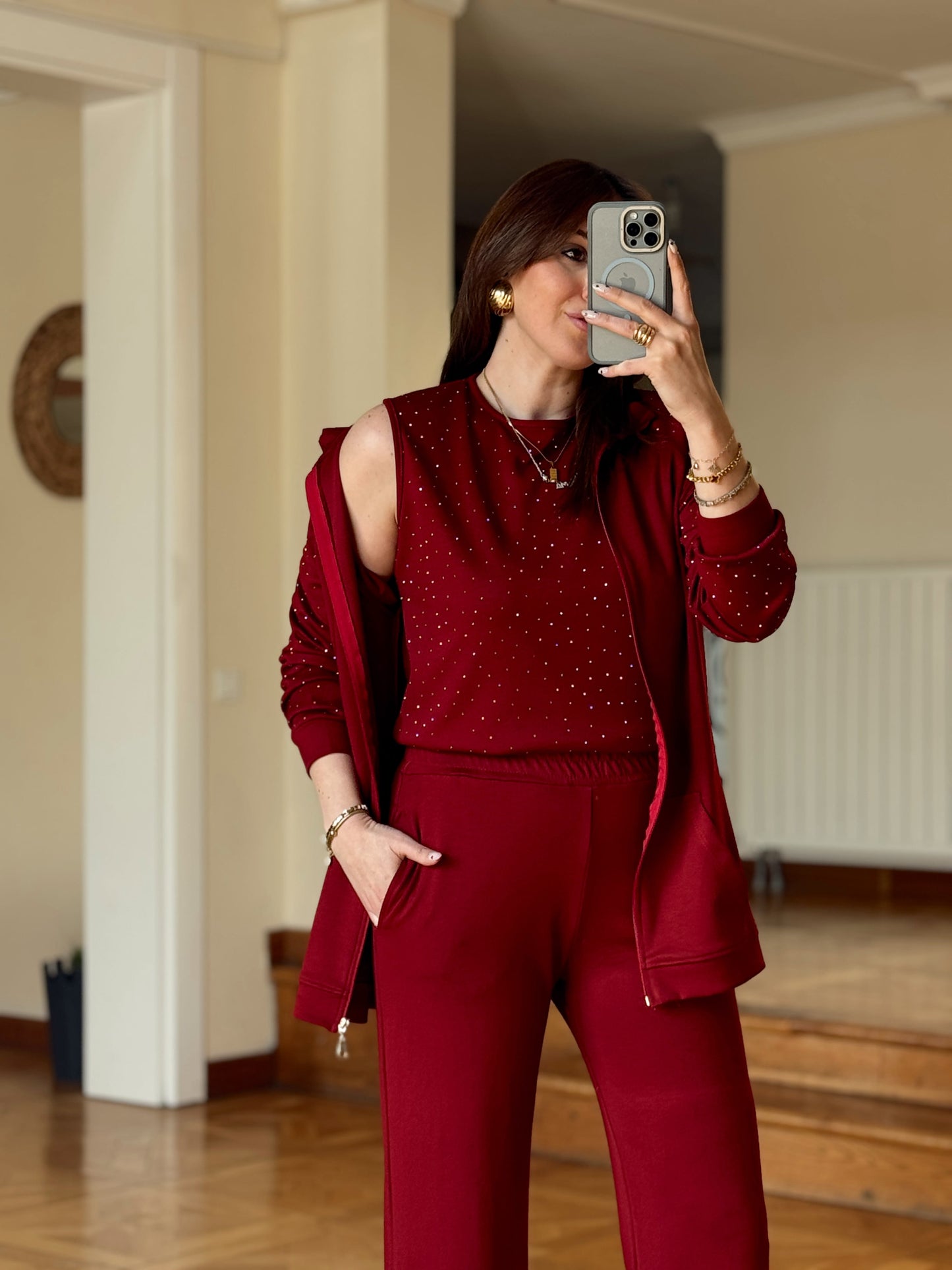 Üçlü Taşlı Oys Takım-BORDO