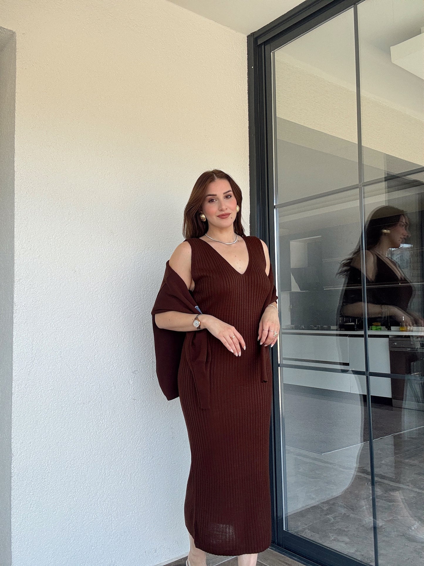 Kalpli kot garnili Jile triko takım Kahve