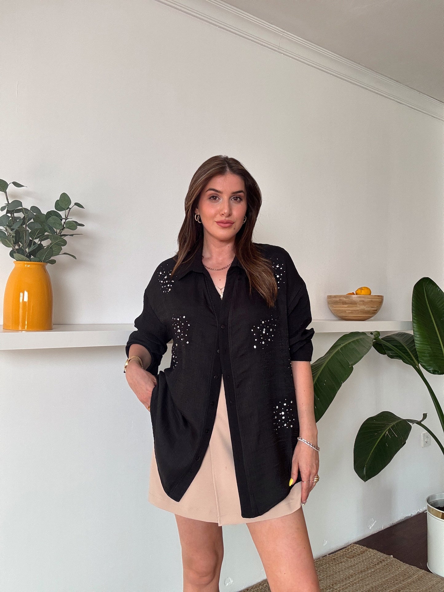 DİANA taş detaylı KETEN gömlek SİYAH