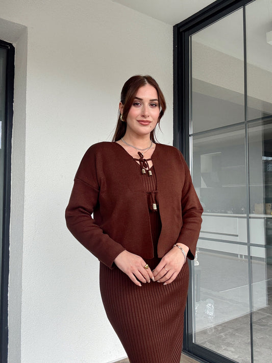 Önü Bağlama Jileli Triko Takım Kahve