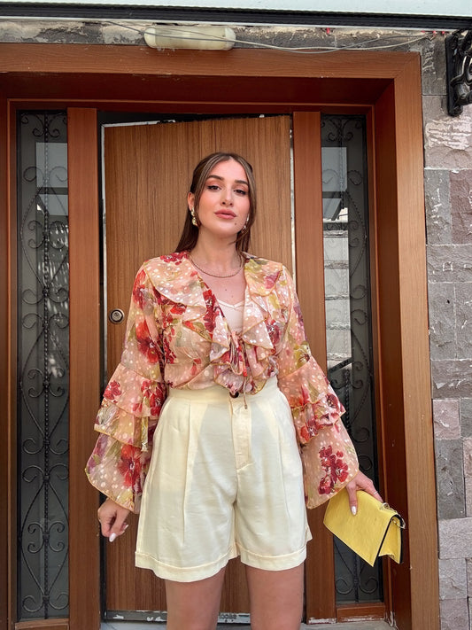 Aerobin pileli düğmeli şort SARI