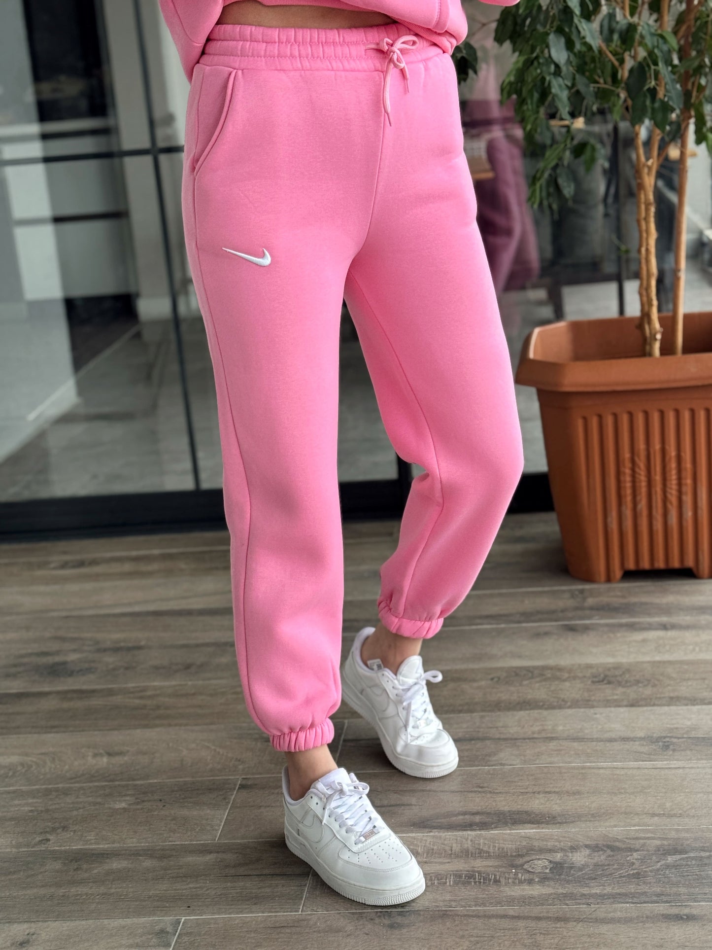 NK İşleme Paça Lastikli 3 İplik Şardonlu Eşofman Alt - TOZ PEMBE