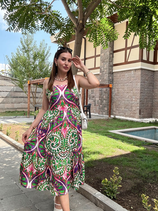 Askılı Desenli Elbise - MOR