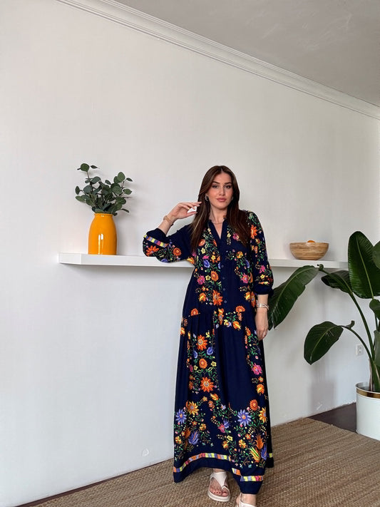 ŞANZELİ önden düğmeli volanlı elbise LACİVERT