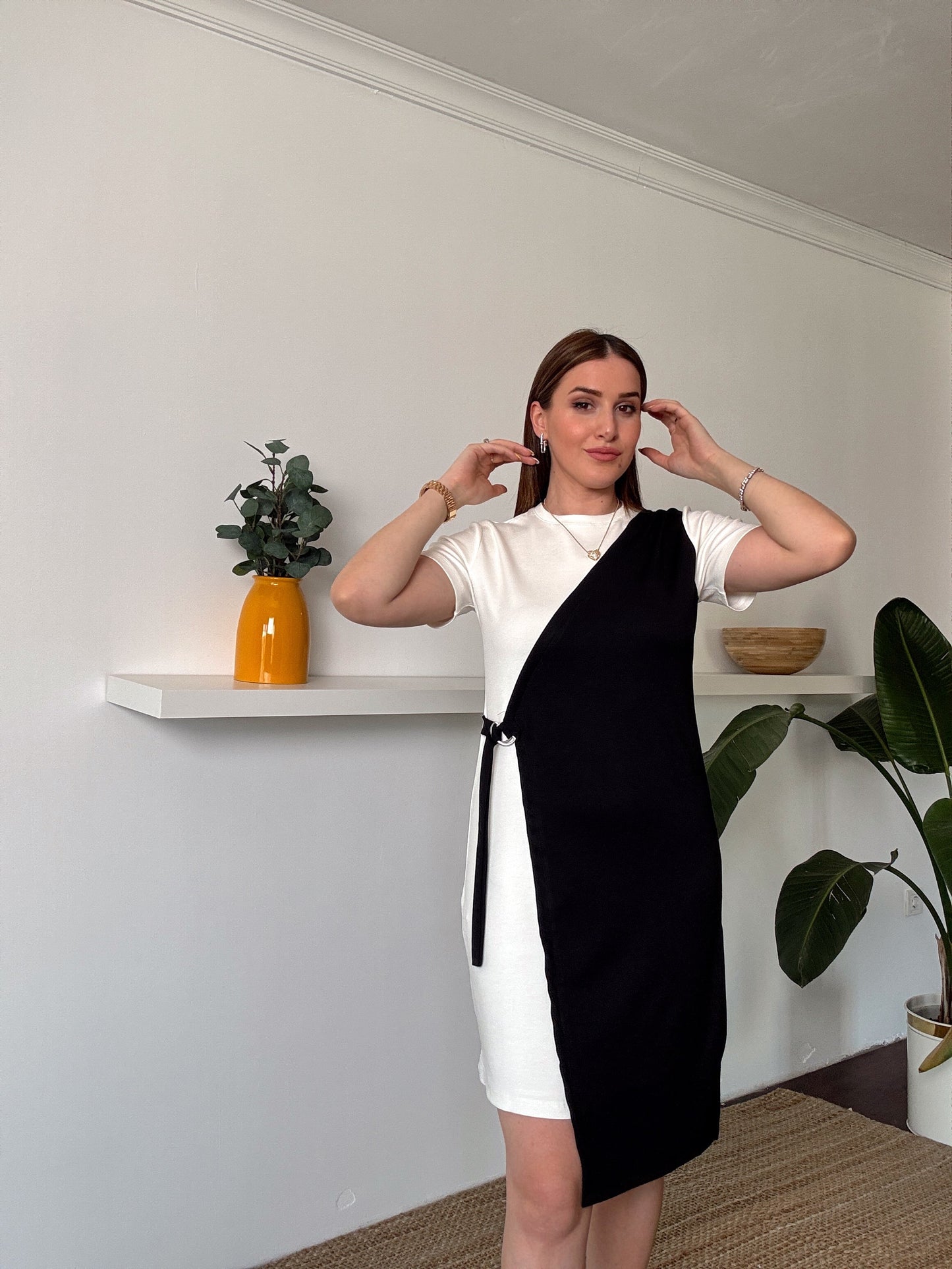 Önü tokalı modal çift renk elbise SİYAH