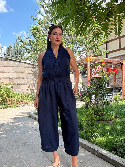Keten düğmeli sıfır kol takım LACİVERT