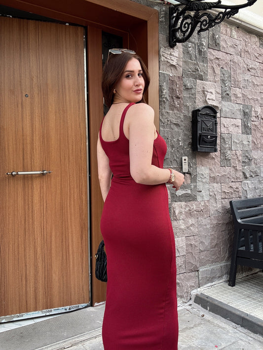 Fitilli modal kumaş askılı elbise Bordo