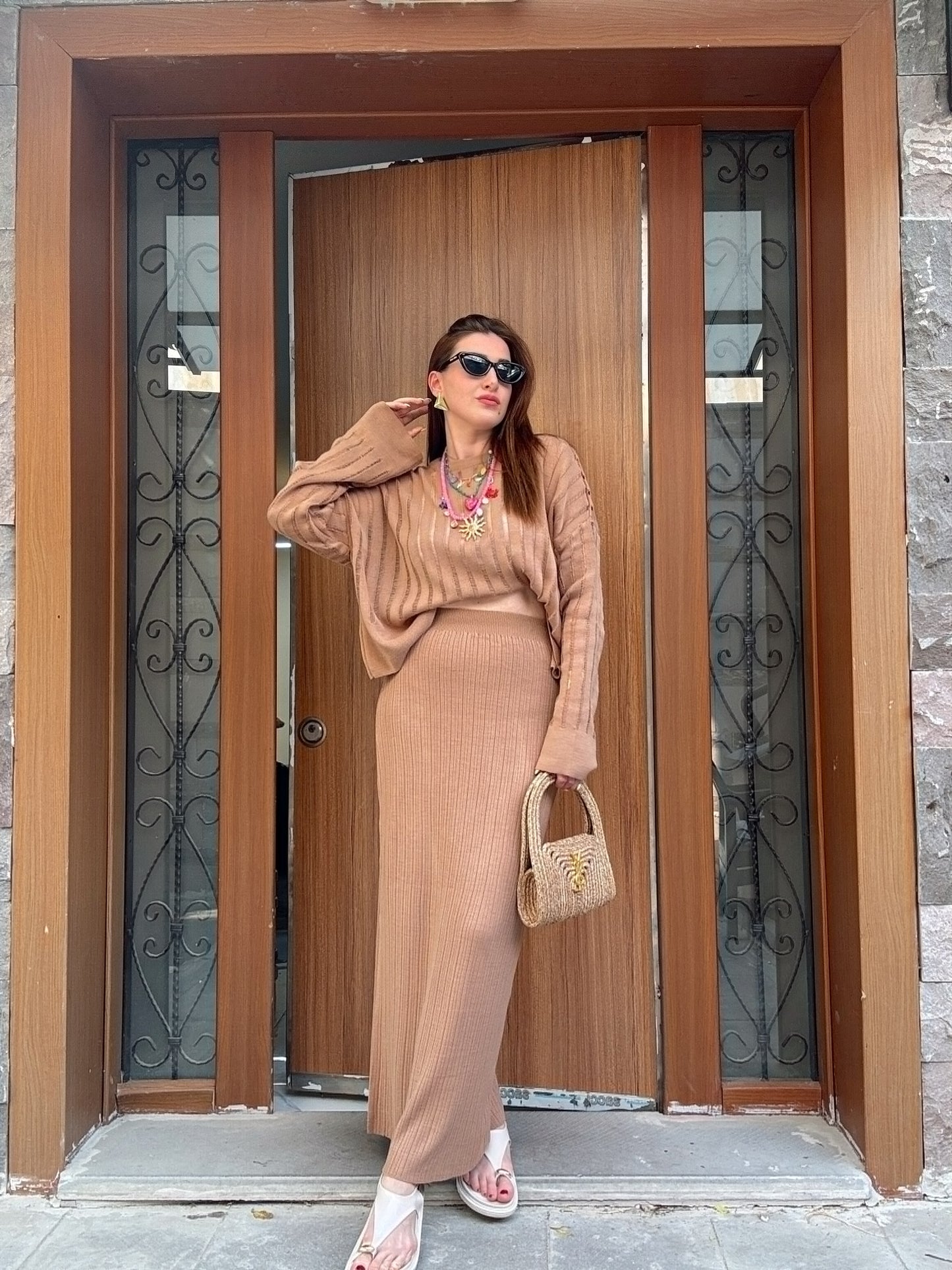 Ajur desenli mevsimlik ikili triko takım CAMEL