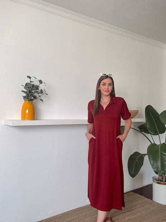 Polo yaka Modal Kumaş Elbise Bordo