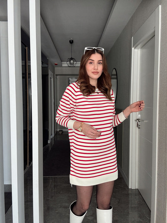 İTALYAN KOL ÇİZGİLİ POLİELİT KAZAK - KIRMIZI