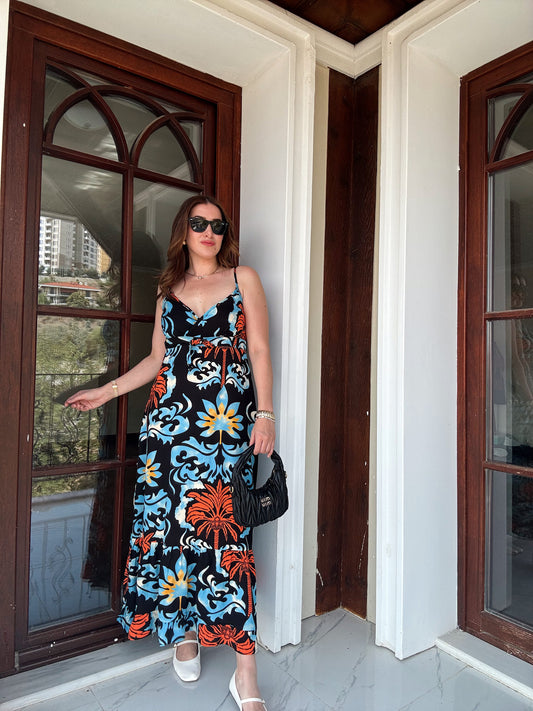 KRS Model Askılı Uzun Elbise - SİYAH