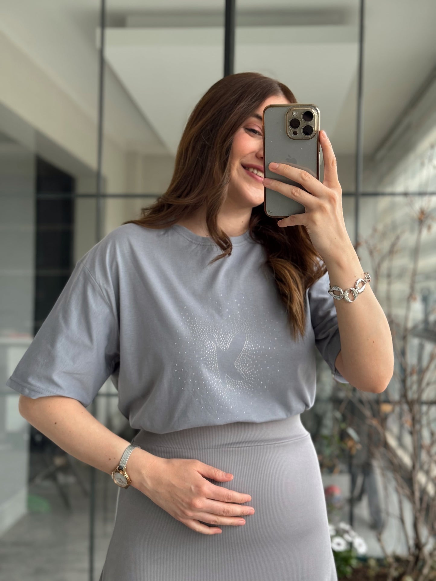 BYMN Kuş Baskı Detay Pamuk Tişört - GRİ