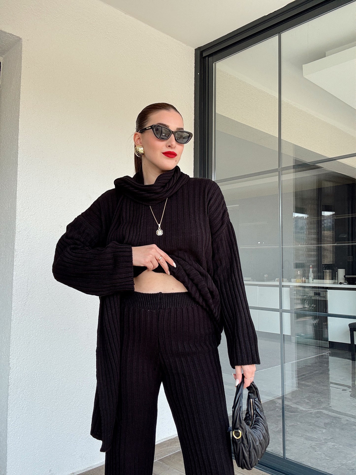 Şallı triko takım-SİYAH