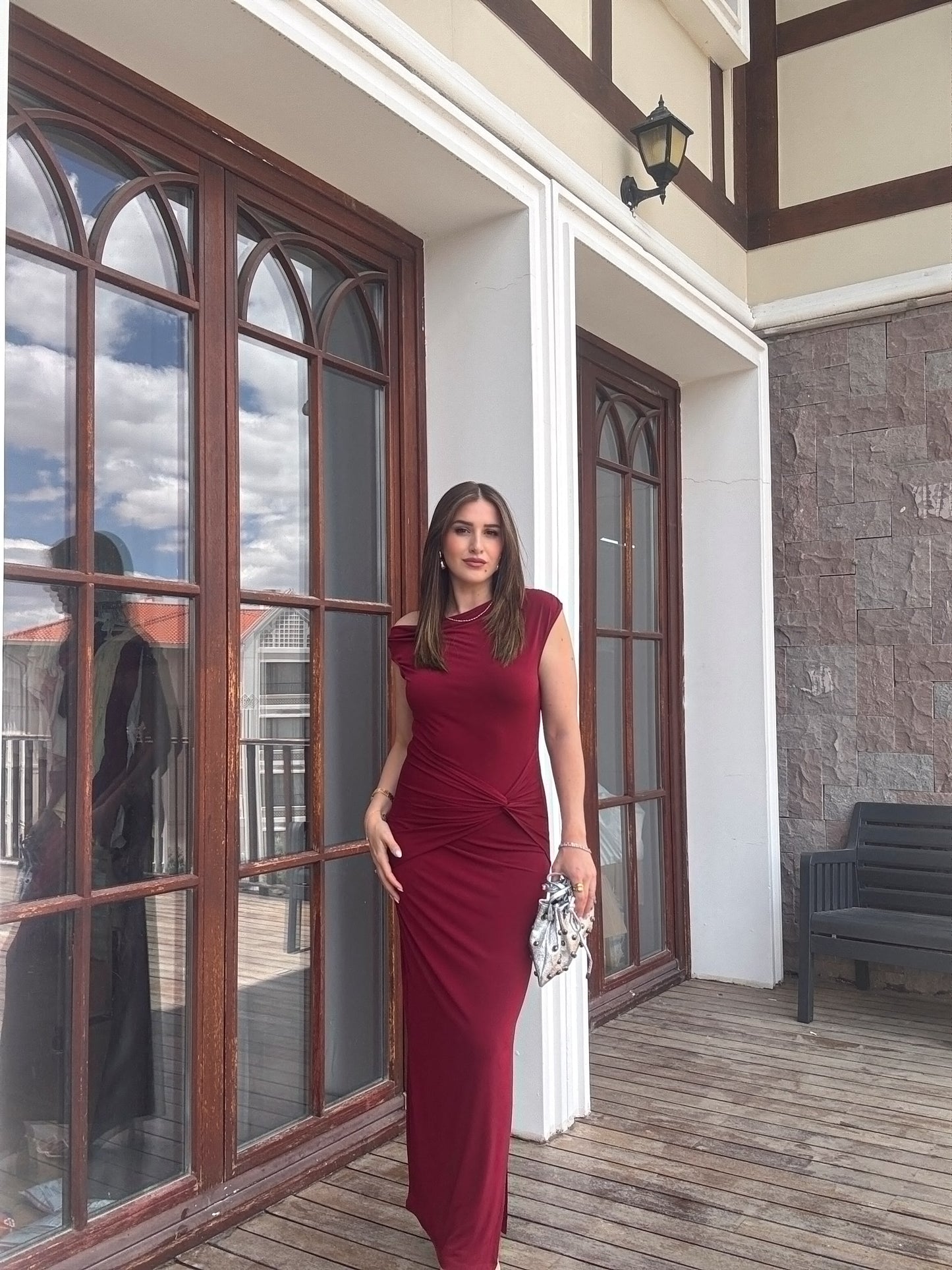 Düşük Omuz Yan Bağlama Elbise Bordo
