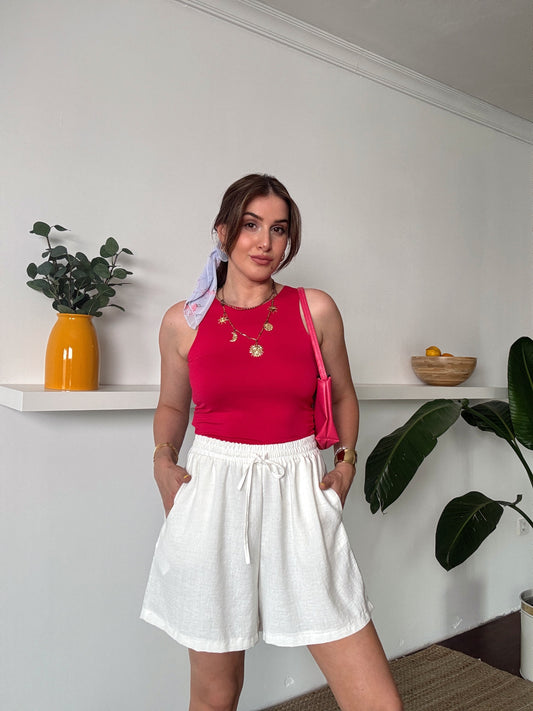 Bel lastikli keten şort BEYAZ