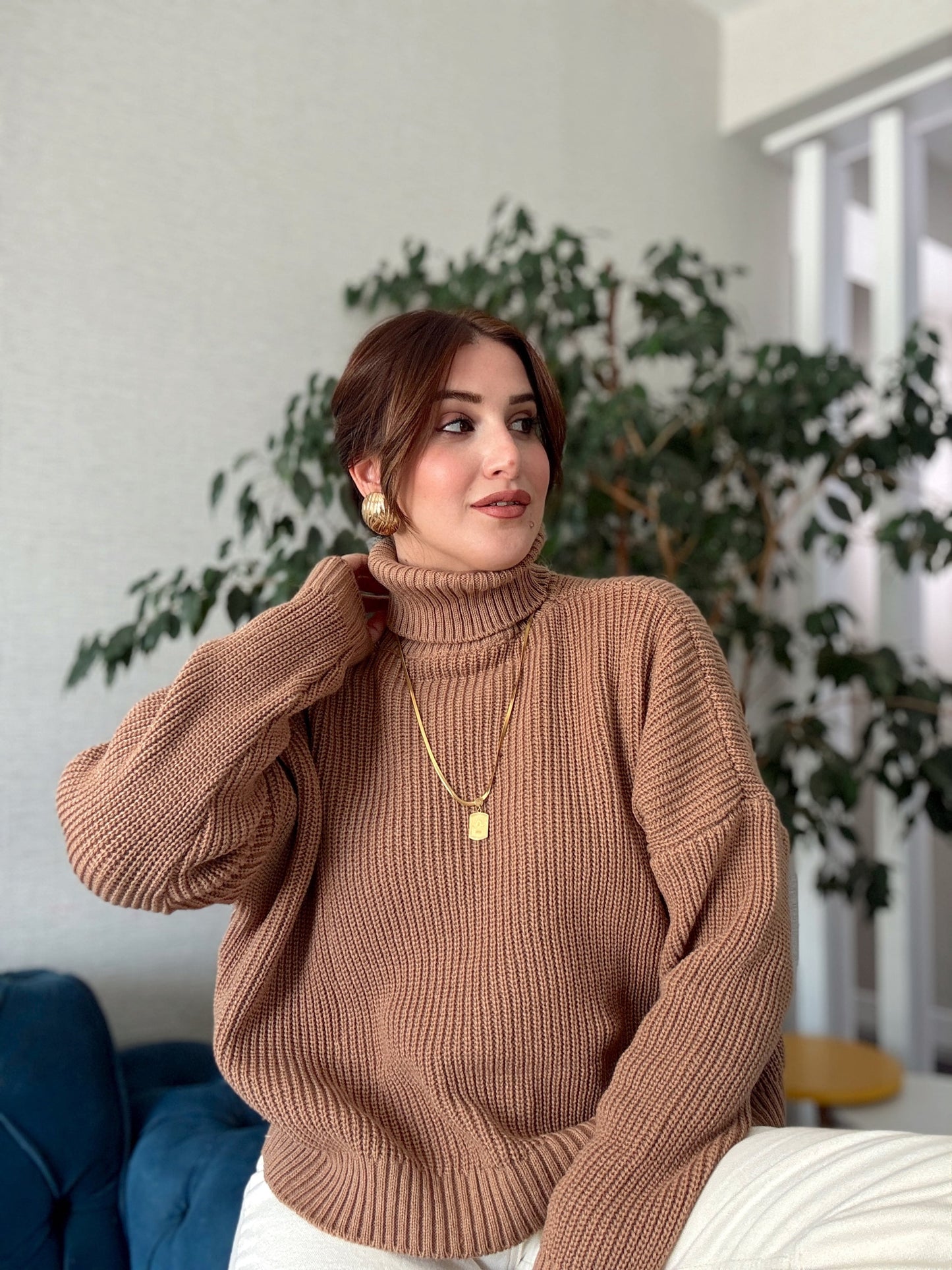 Balıkçı Yaka Selanik Örgü Kazak CAMEL