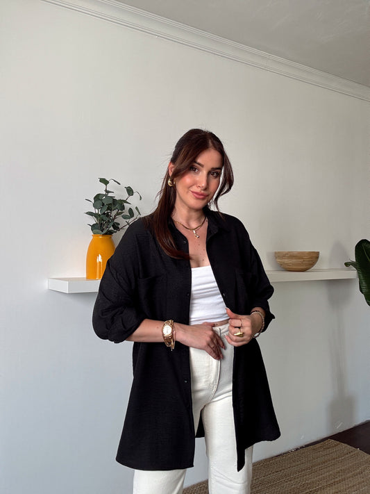 Çift Cep Double Kol Keten Gömlek SİYAH