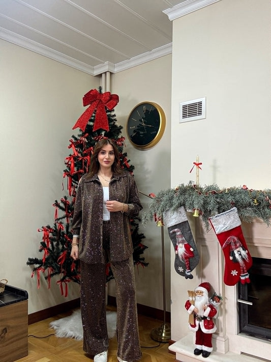 Gold simli taşlı takım-ACIKAHVE