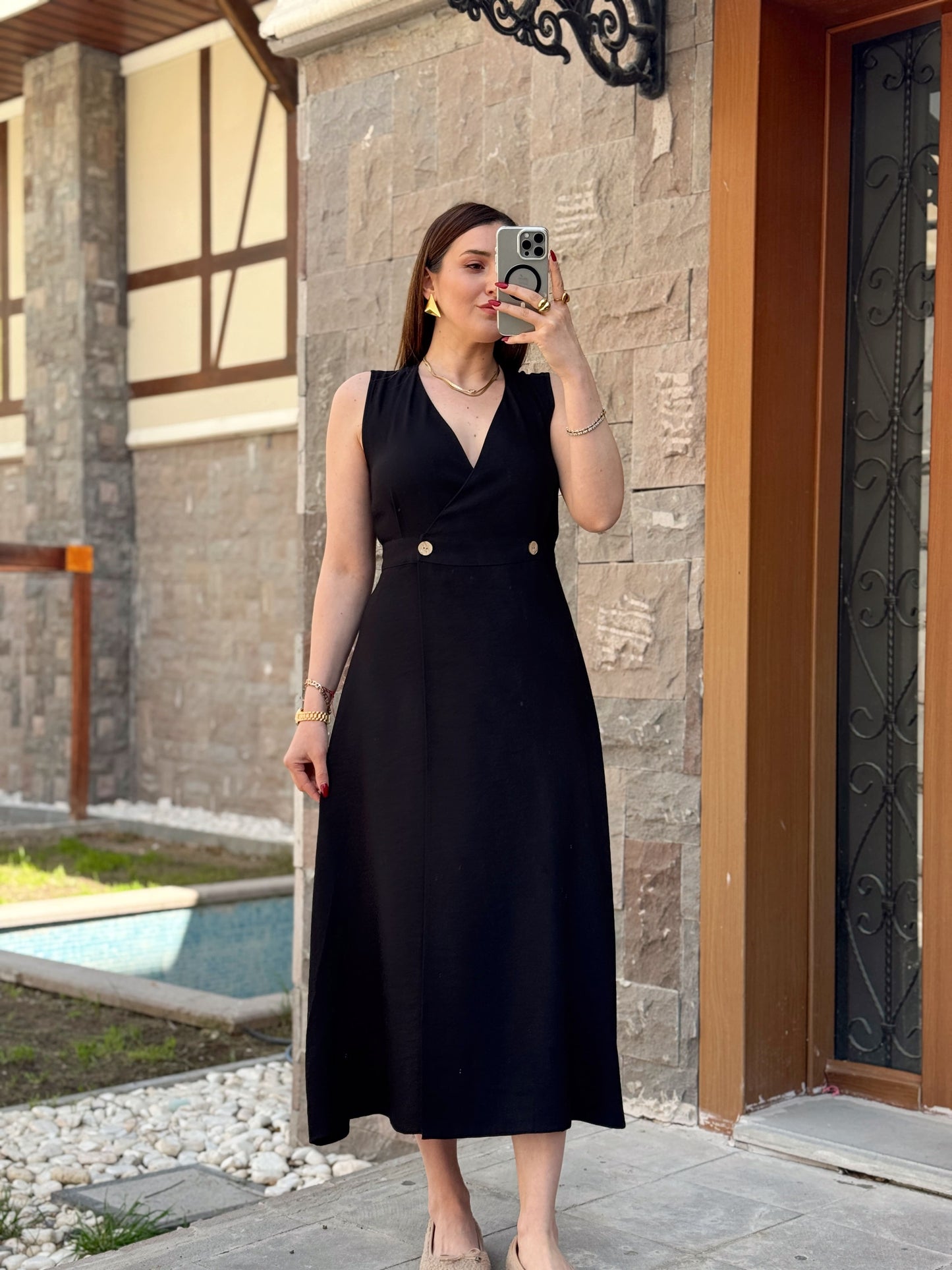 Keten düğmeli uzun elbise SİYAH