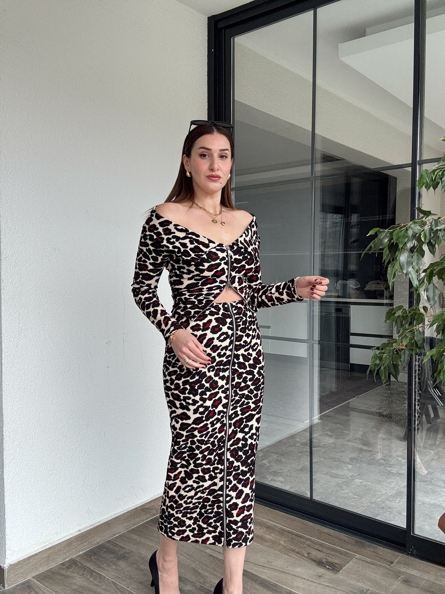 Leopar Desenli Fermuarlı Etek BORDO