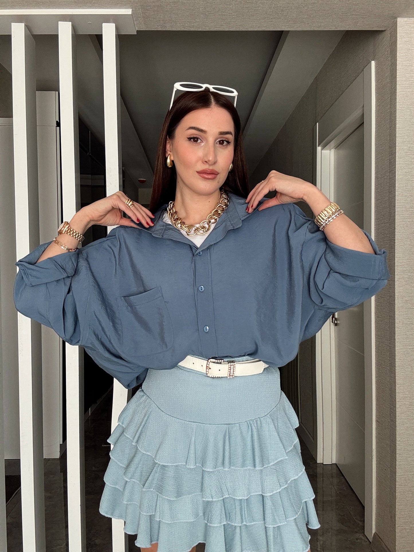 Astarlı Katlı Şort Etek - BEBE MAVİ