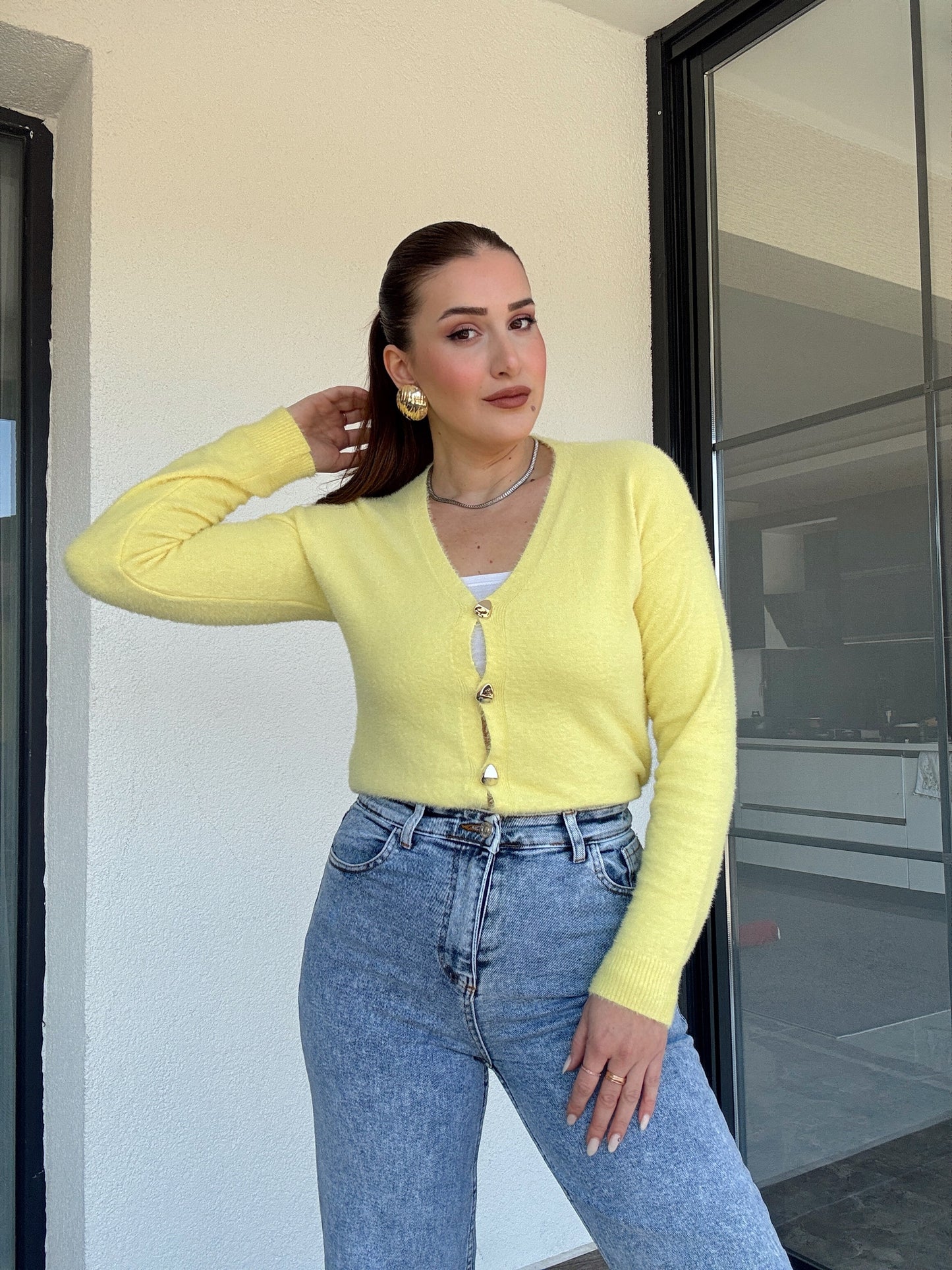 V Yaka yumoş ceket-SARI