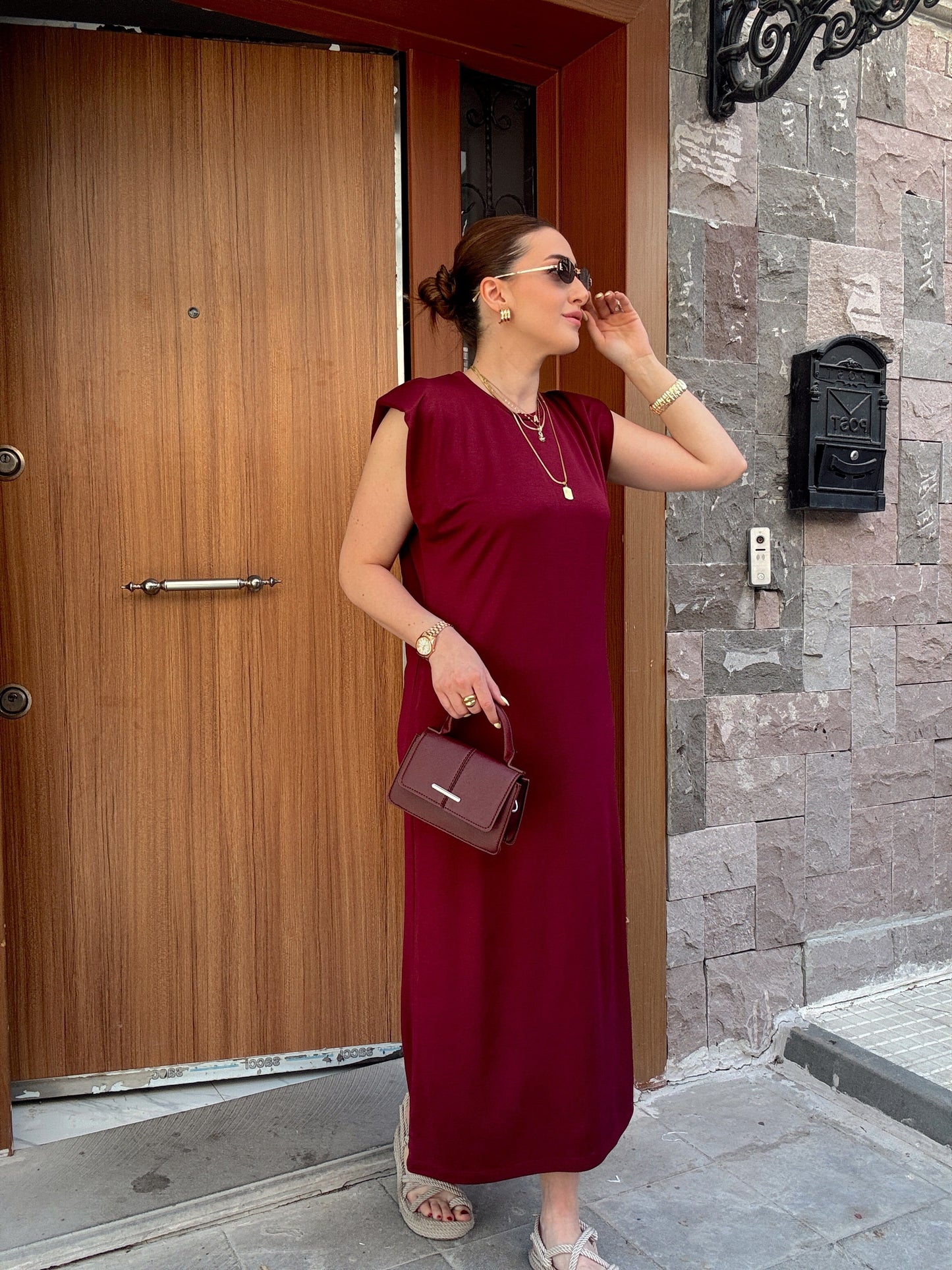 Modal kumaş vatkalı bisiklet yaka elbise BORDO