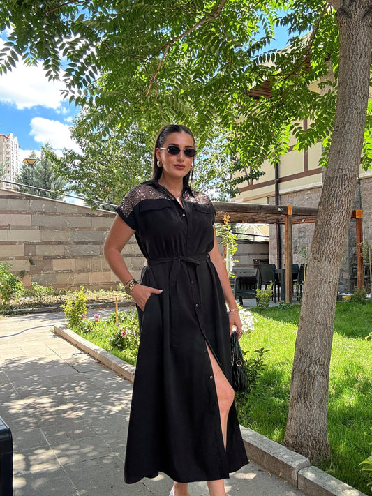Omuz pul detaylı tensel elbise Siyah