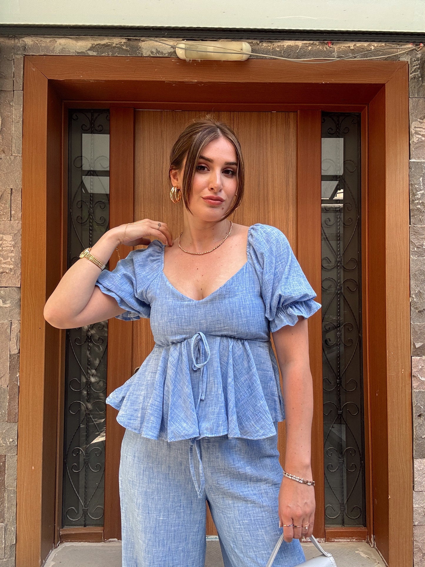 MELODİ keten ikili takım MAVİ