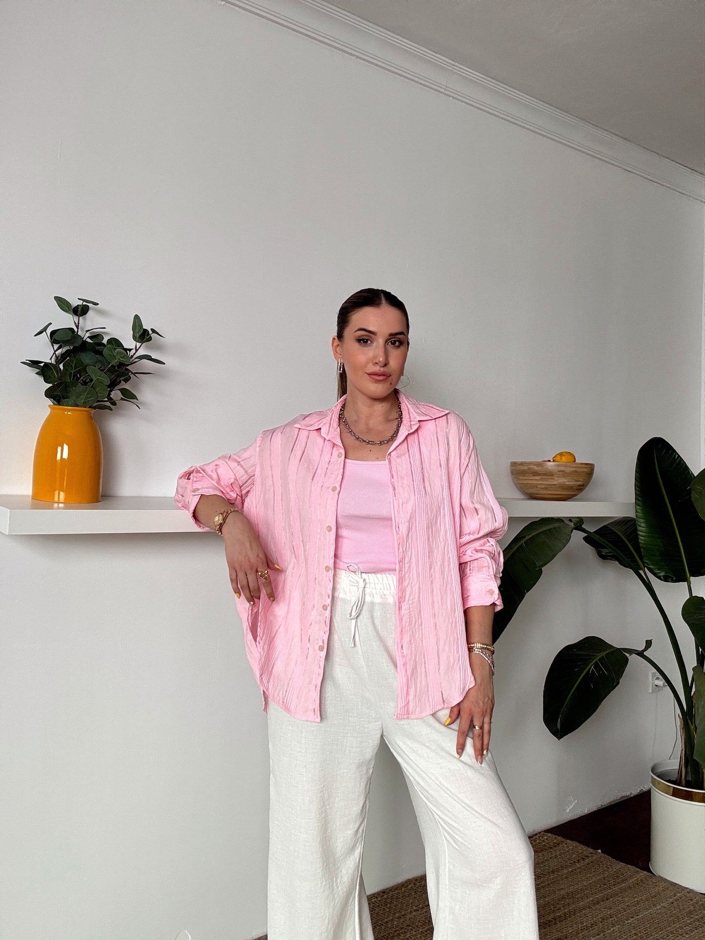 Crush çizgili atletli basic gömlek PEMBE