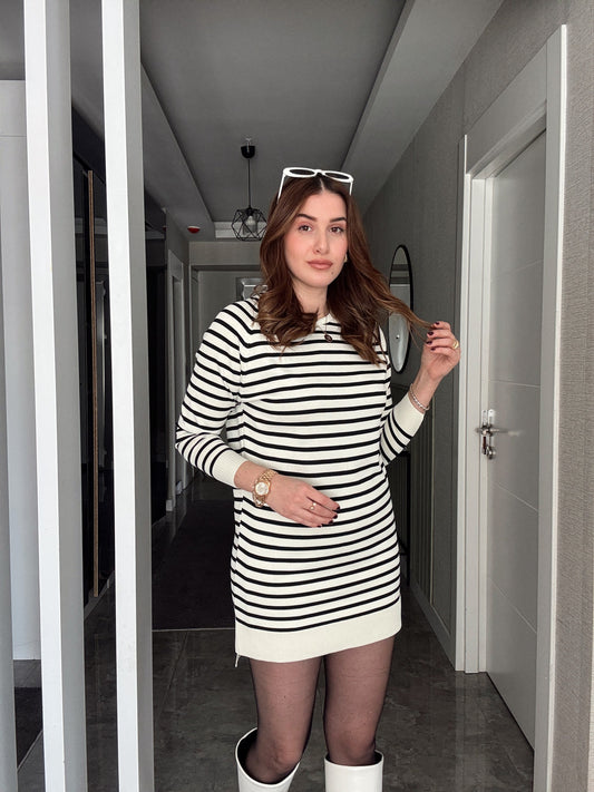 İTALYAN KOL ÇİZGİLİ POLİELİT KAZAK - LATTE