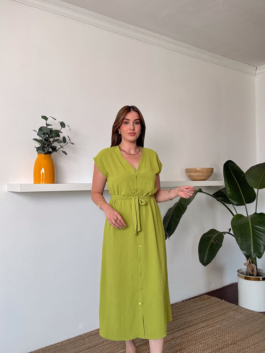 Aerobin Önü düğmeli Kuşaklı Elbise YAĞ YEŞİLİ