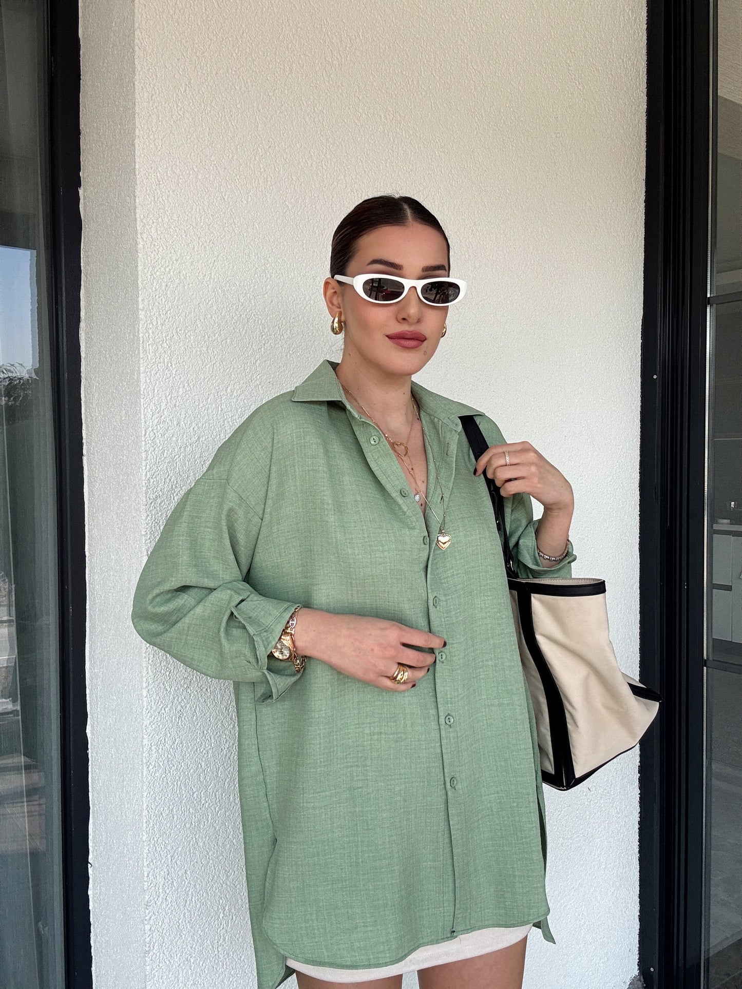 Arka Çift Pens Oversize Keten Gömlek YEŞİL