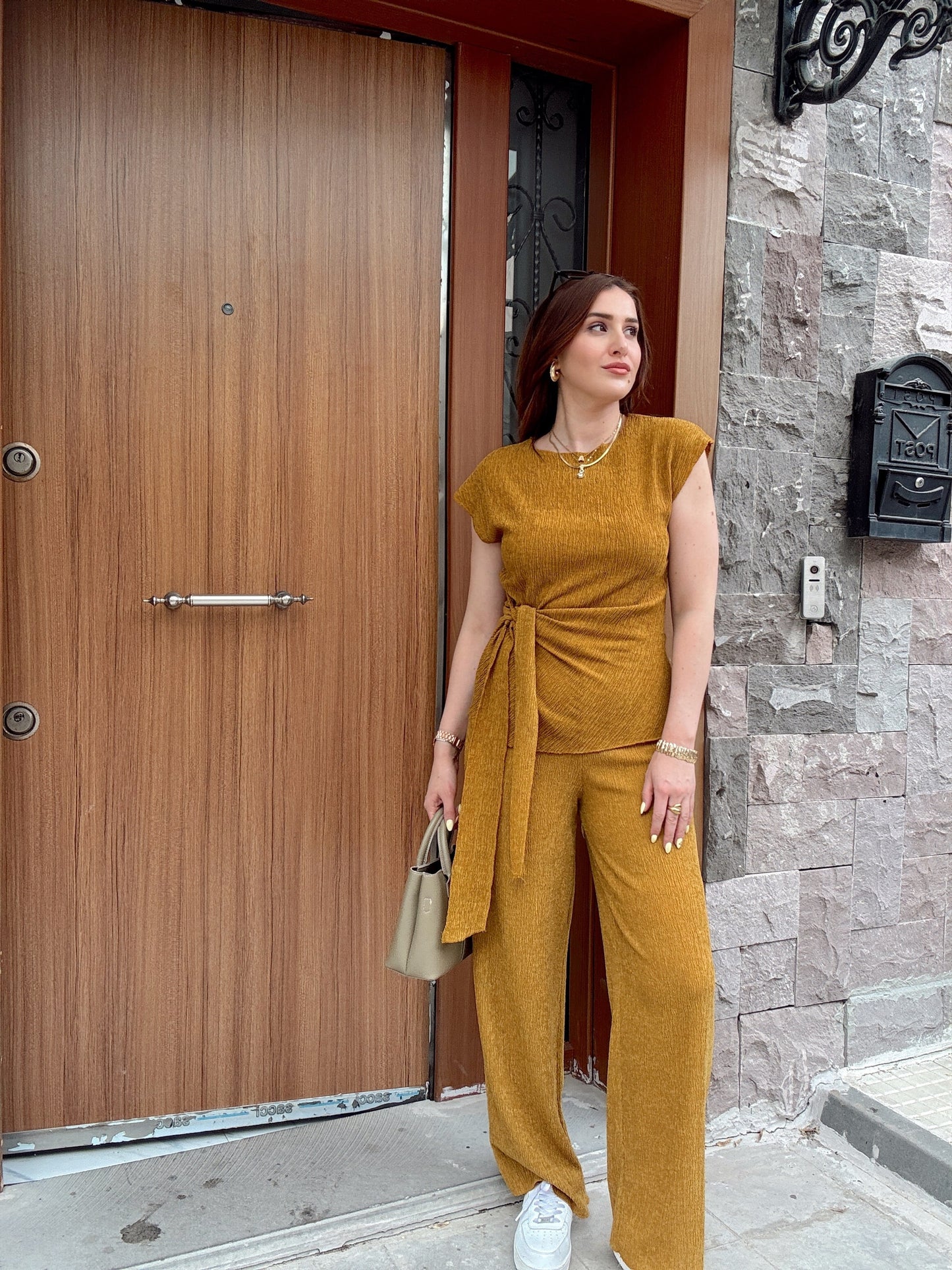 Bağlama detaylı bluz pantolon ikili takım HARDAL