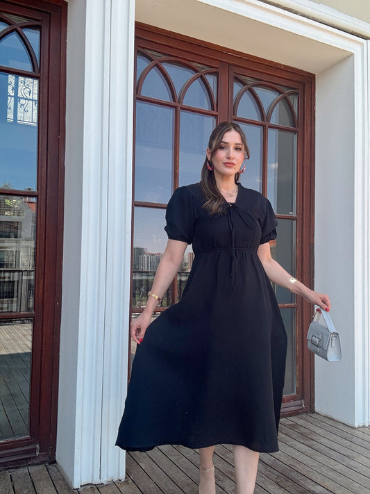Bel büzgü detaylı müslin elbise SİYAH