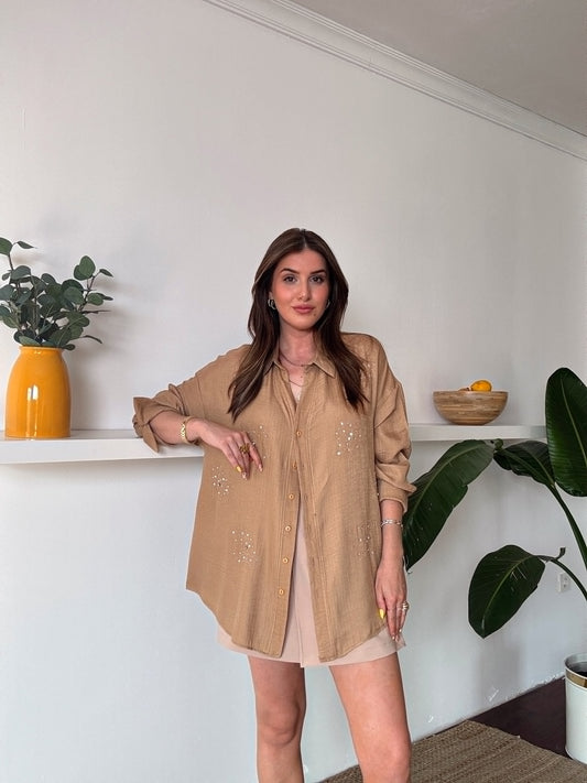 DİANA taş detaylı KETEN gömlek CAMEL