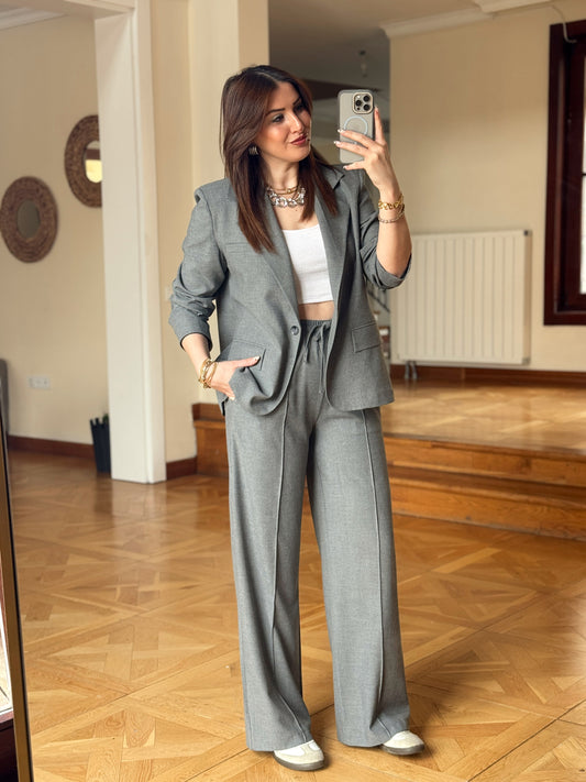 Arkası Düğme Detaylı Çizgili Takım-ANTRASİT