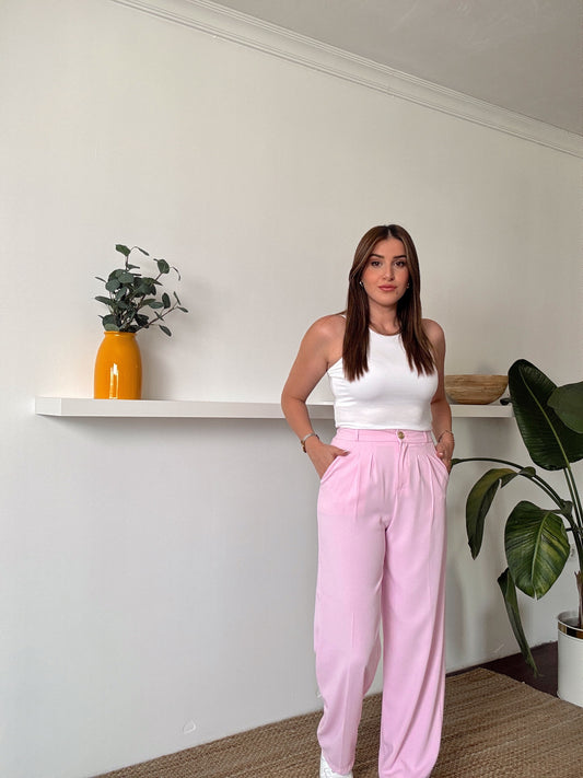 GOLD düğme detaylı premium palazzo pantolon PEMBE