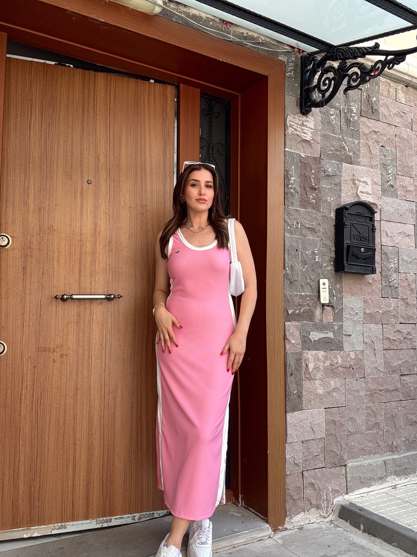 Delone fitilli kumaş askılı elbise PEMBE
