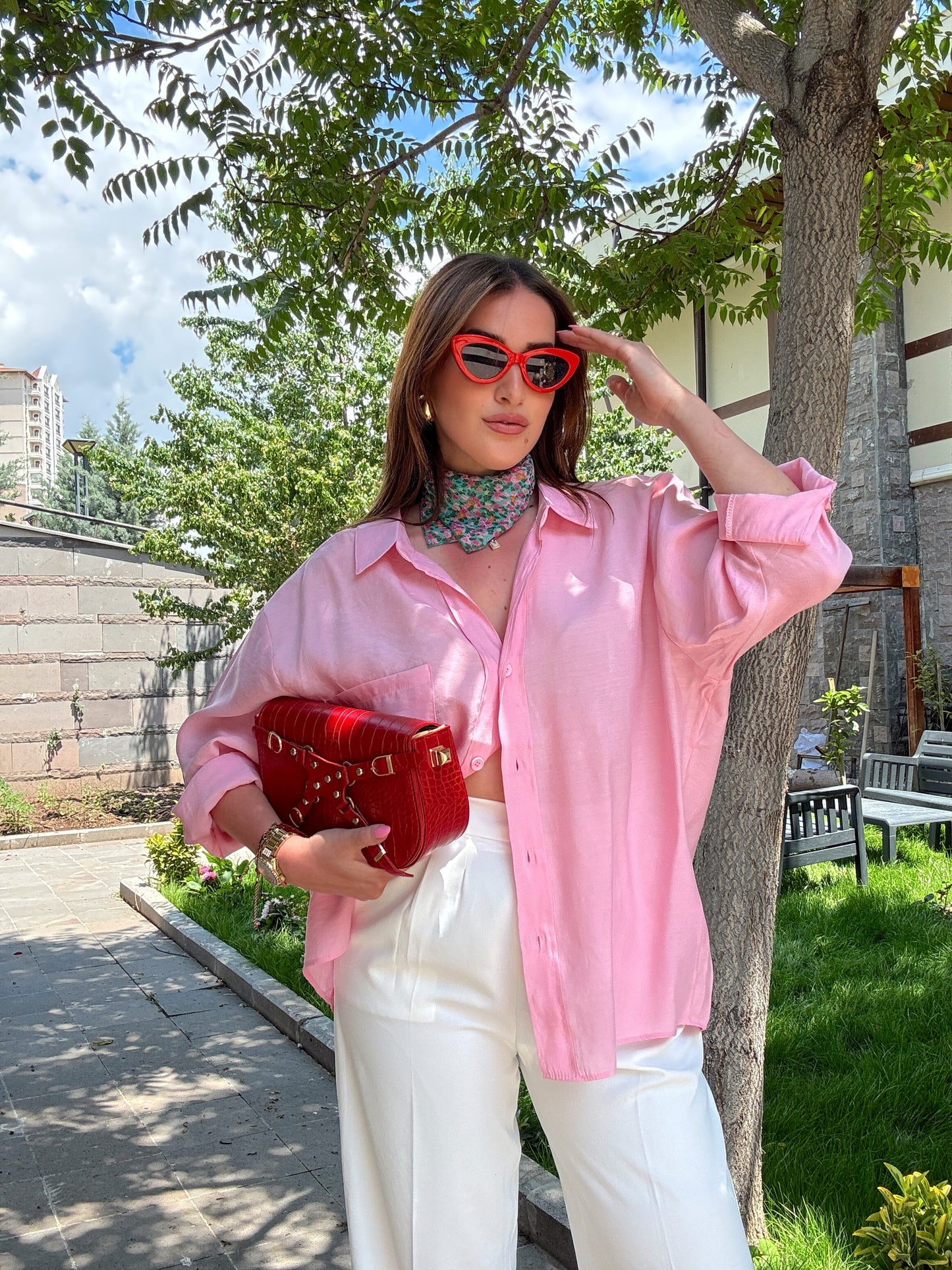 Düşük omuz aerobin gömlek Pembe